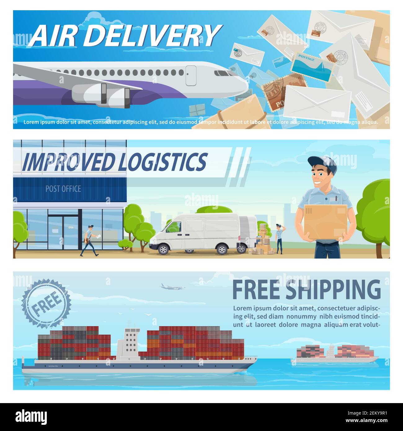 Mail delivery, logistics and freight transportation service. Vector air mail delivery, train and