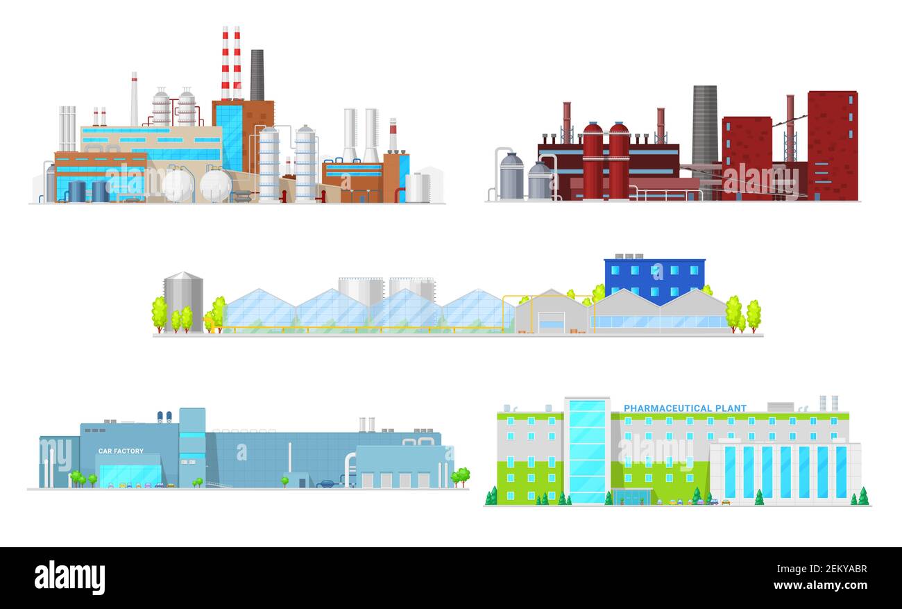 Inustrial buildings and factory facilities. Industrial plant vector icons of oil refinery, coal mining, car manufacturing and machine engineering, pha Stock Vector
