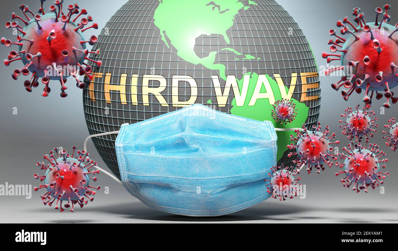 Third wave and covid - Earth globe protected with a blue mask against attacking corona viruses to show the relation between Third wave and current eve Stock Photo