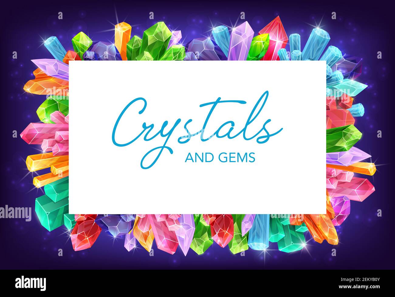 Crystals and gem stones vector frame of gemstones and mineral rocks borders. Diamond, quartz and amethyst precious jewels, glass, salt and brilliant, Stock Vector