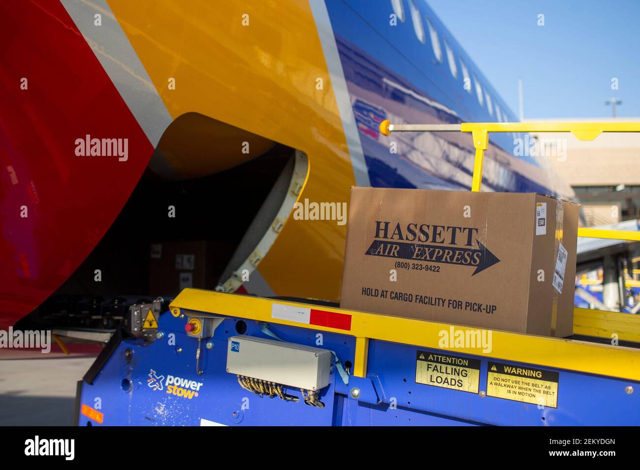 Boxes load a plane to be shipped to Baltimore through the Southwest Airlines Cargo operations at Sky Harbor International Airport on Sept. 23, 2020. South West Airlines Cargo (Photo by Thomas Hawthorne/The Republic/USA Today Network/Sipa USA) Stock Photo
