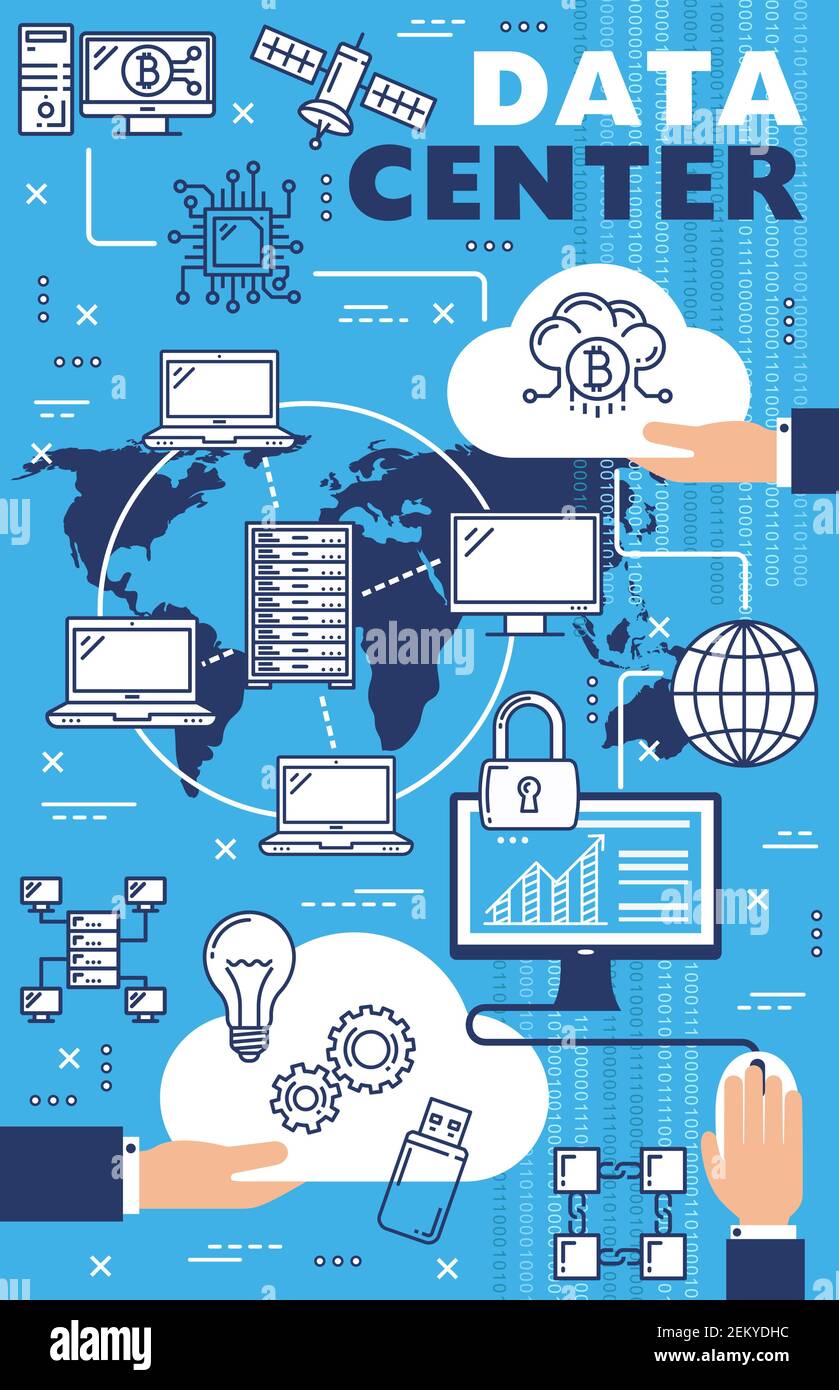 Cloud storage, internet data center and hosting server network technology. Vector digital information storage system, files security and protection in Stock Vector