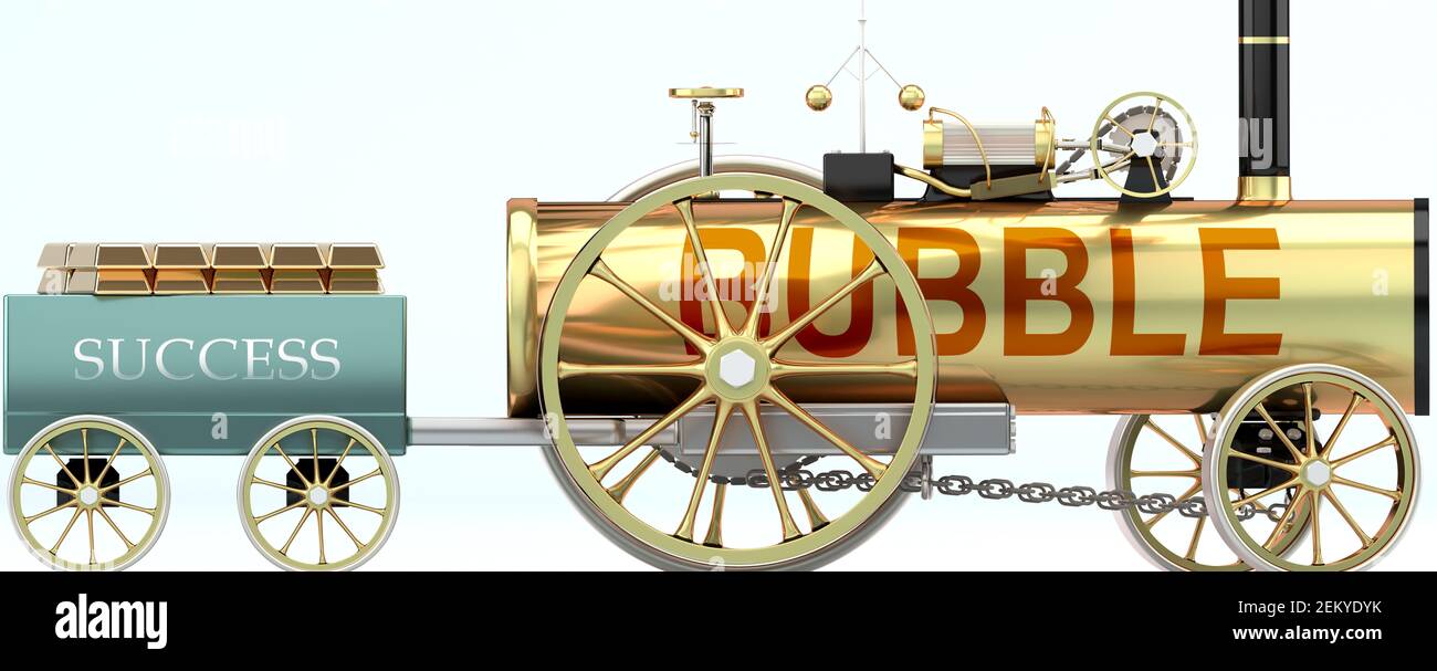 Bubble and success - symbolized by a retro steam car with word Bubble pulling a success wagon loaded with gold bars to show that Bubble is essential f Stock Photo