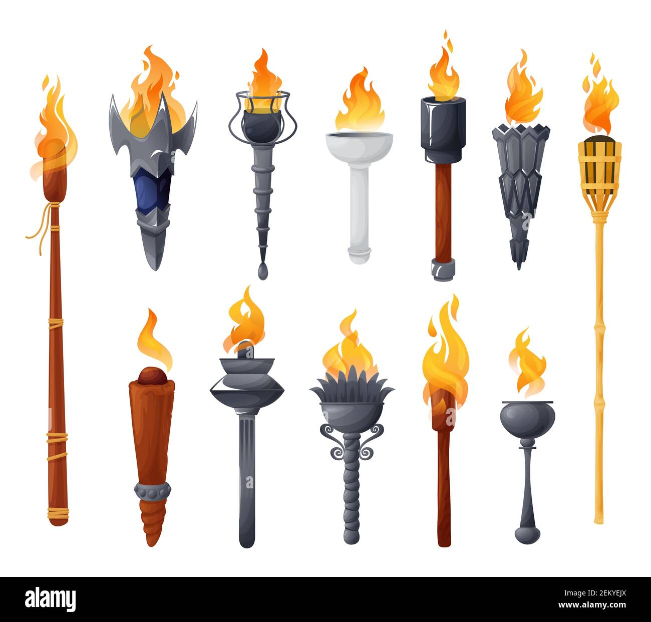 Medieval torches with burning fire vector set. Ancient metal and wooden brands of different shapes with flame. Cartoon elements for pc game, flaming t Stock Vector