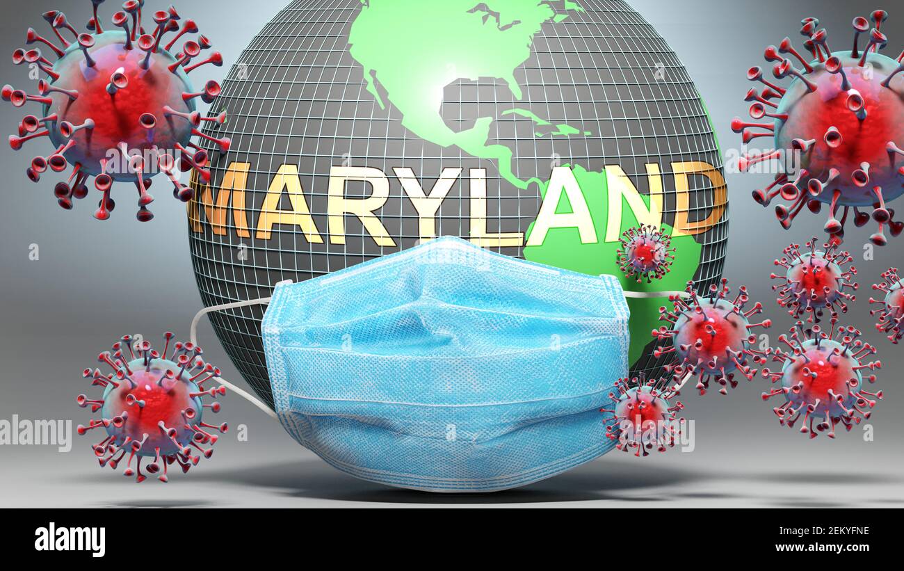 Maryland and covid - Earth globe protected with a blue mask against attacking corona viruses to show the relation between Maryland and current events, Stock Photo
