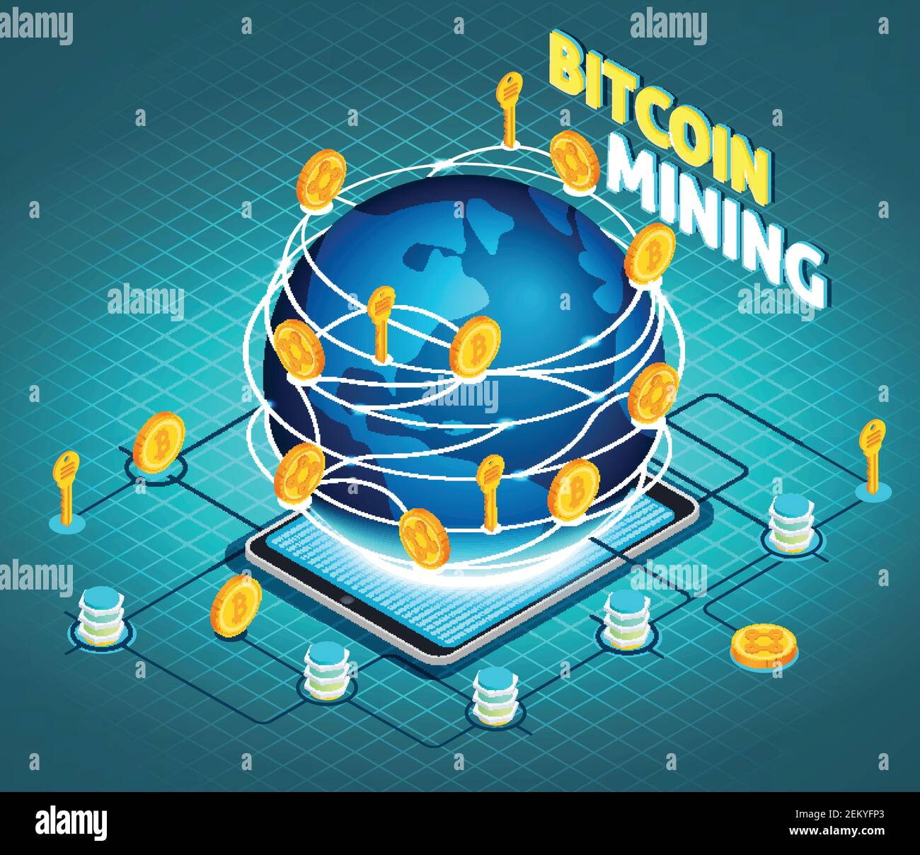 Crypto currency mining isometric composition on turquoise textured  background with globe, tablet computer, block chain, vector illustration  Stock Vector Image & Art - Alamy