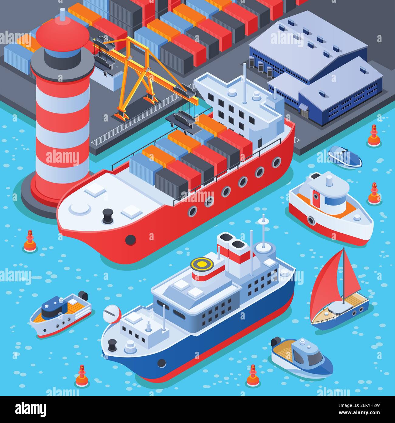 Port with ships isometric composition with dock equipment, depot, cargo vessel, ferry and small boats vector illustration Stock Vector