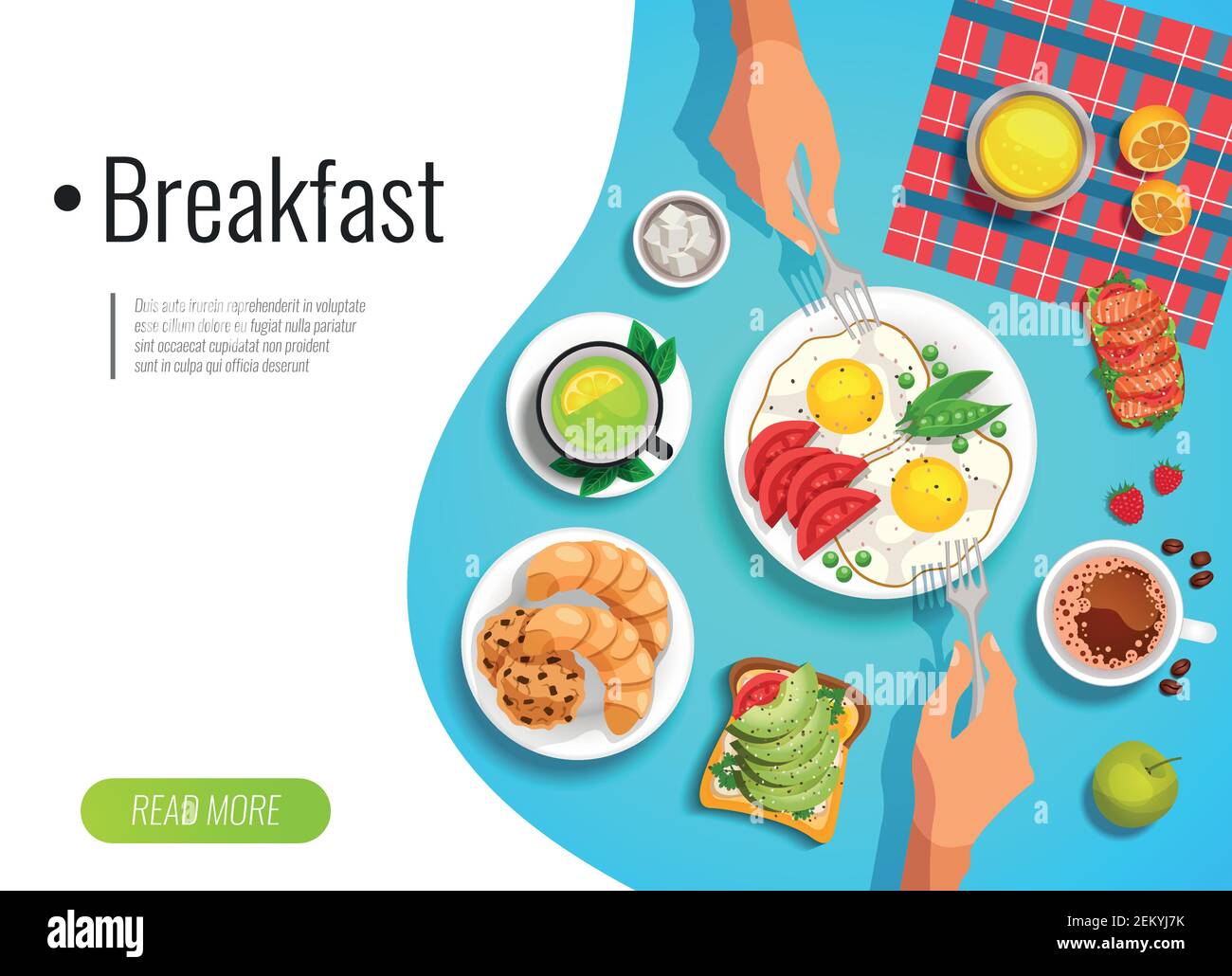Breakfast colored background with top view of served table and people ...