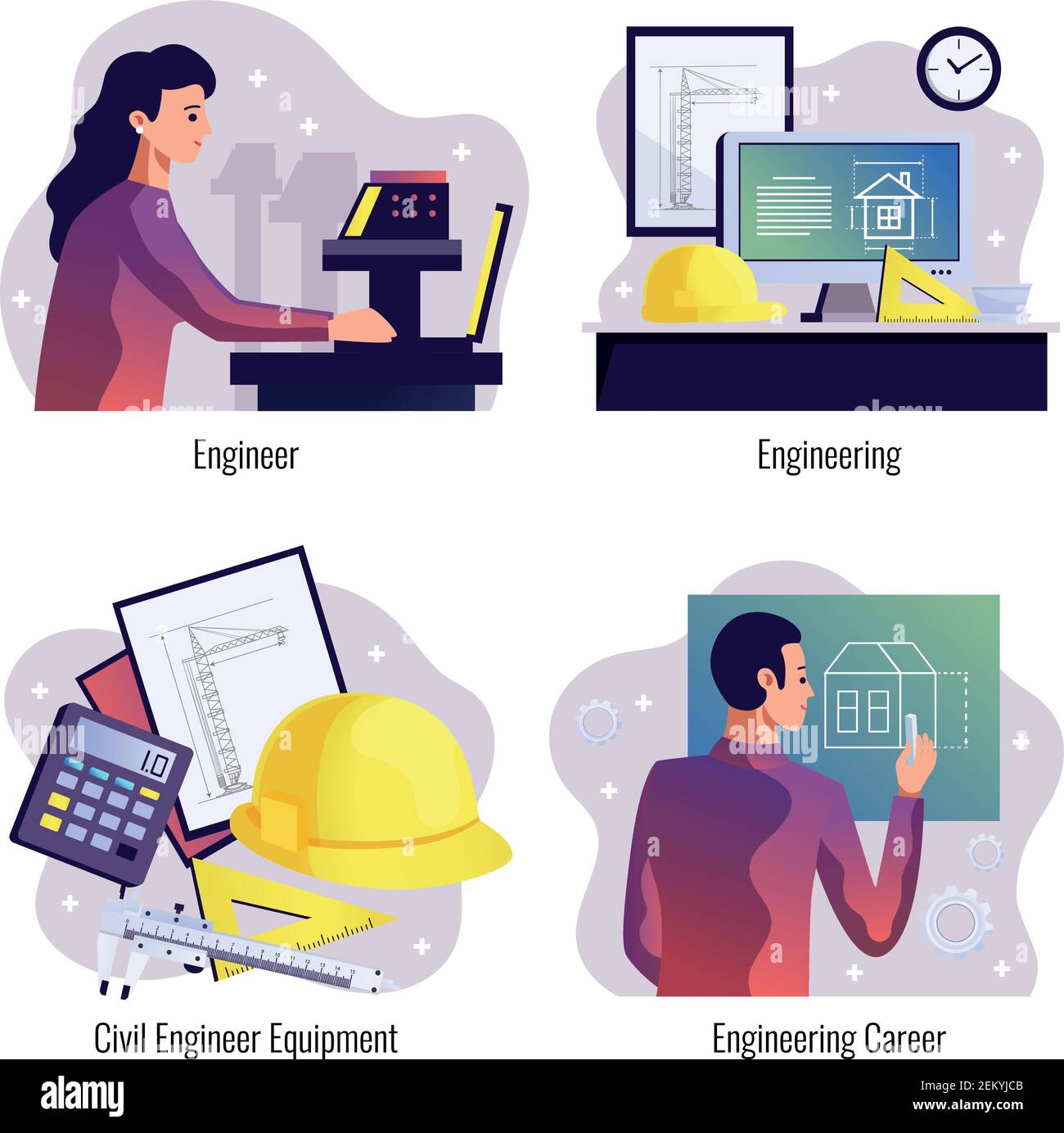 Engineering 2x2 design concept set of designer and constructor workplace and tools flat vector