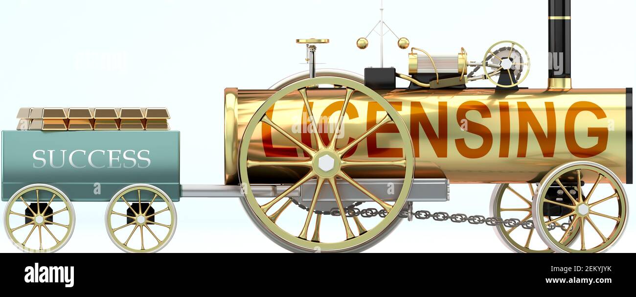Licensing and success - symbolized by a steam car pulling a success wagon loaded with gold bars to show that Licensing is essential for prosperity and Stock Photo