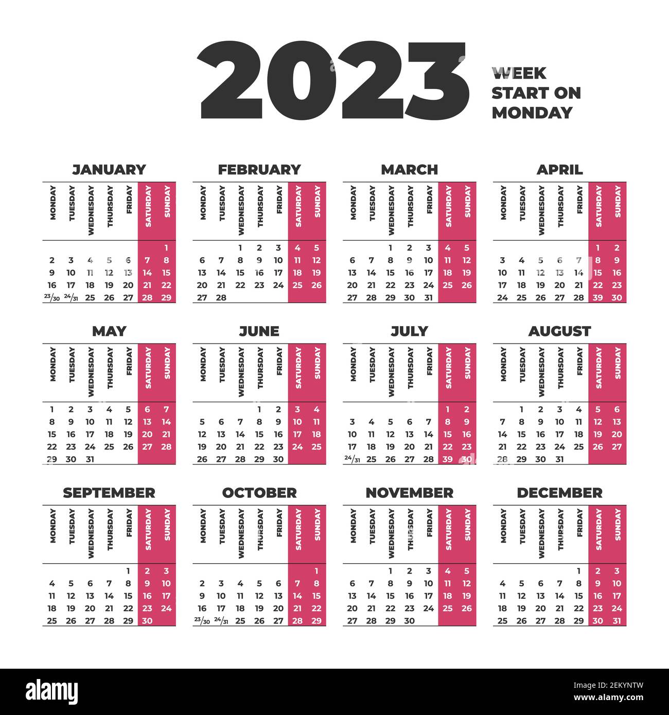 2023 Calendar template with weeks start on Monday Stock Vector