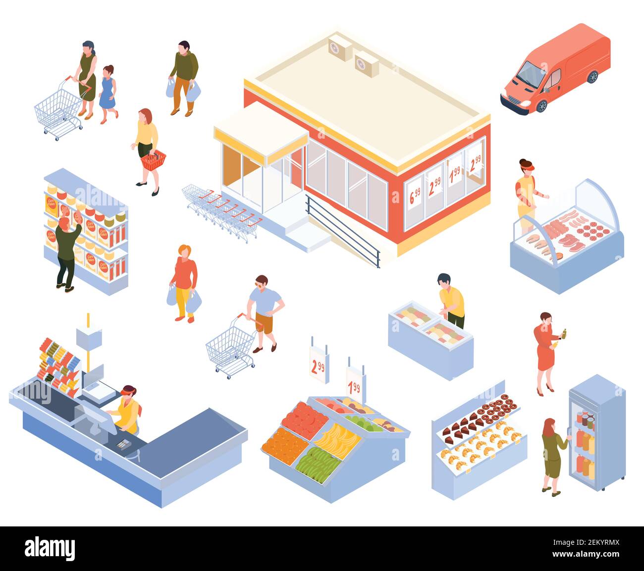 People doing shopping in supermarket colorful isometric icons set isolated on white background 3d vector illustration Stock Vector