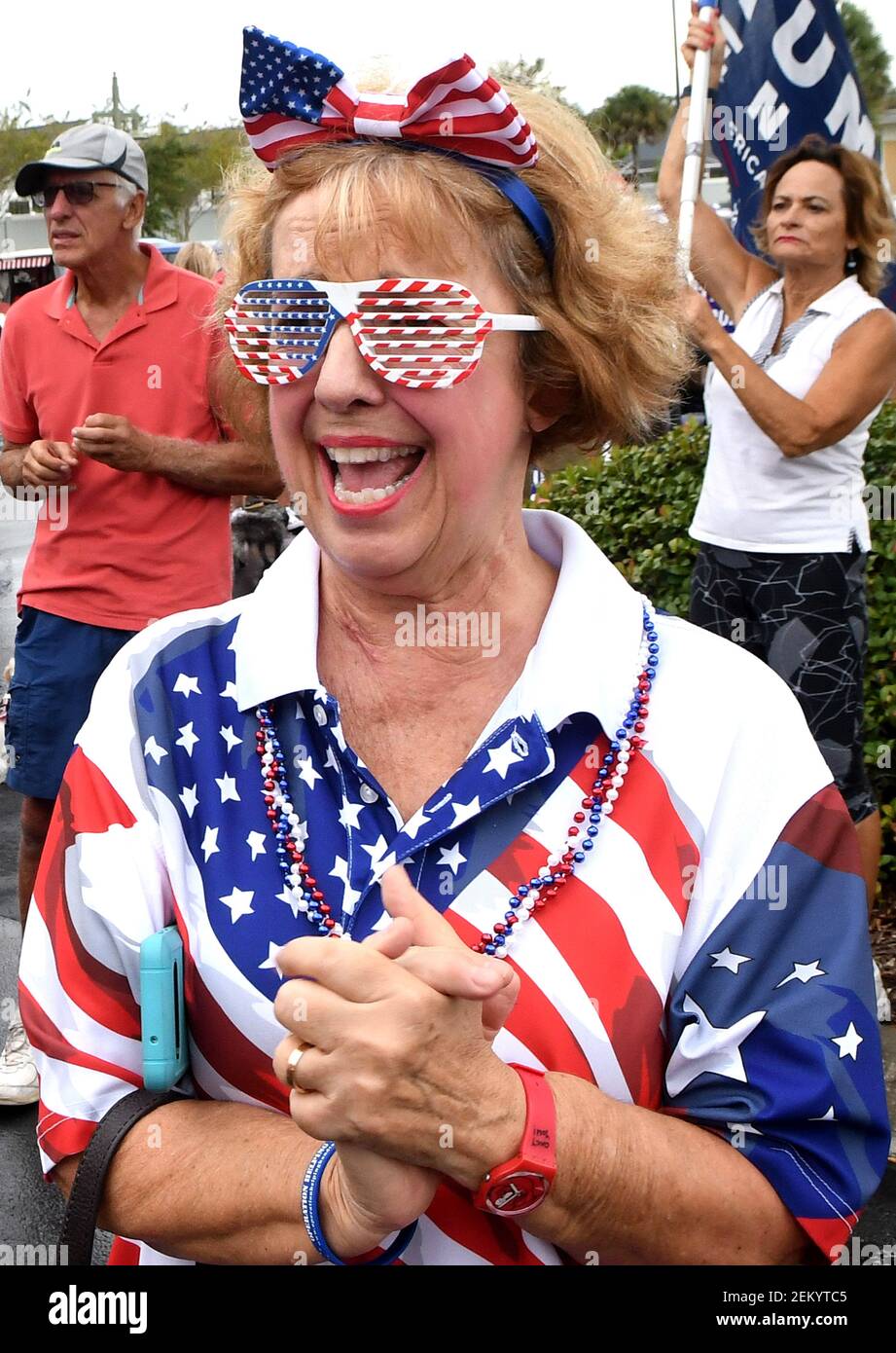 Denise Lyonnais wears patriotic clothing at a golf cart parade in support of U.S. President Donald Trump the day after Trump lost the 2020 U.S. presidential election to former Vice President Joe Biden. Prior to the parade, supporters sang patriotic songs, they prayed for Mr. Trump, and they collected donations for Trump's legal fees to contest the election results. (Photo by Paul Hennessy / SOPA Images/Sipa USA) Stock Photo