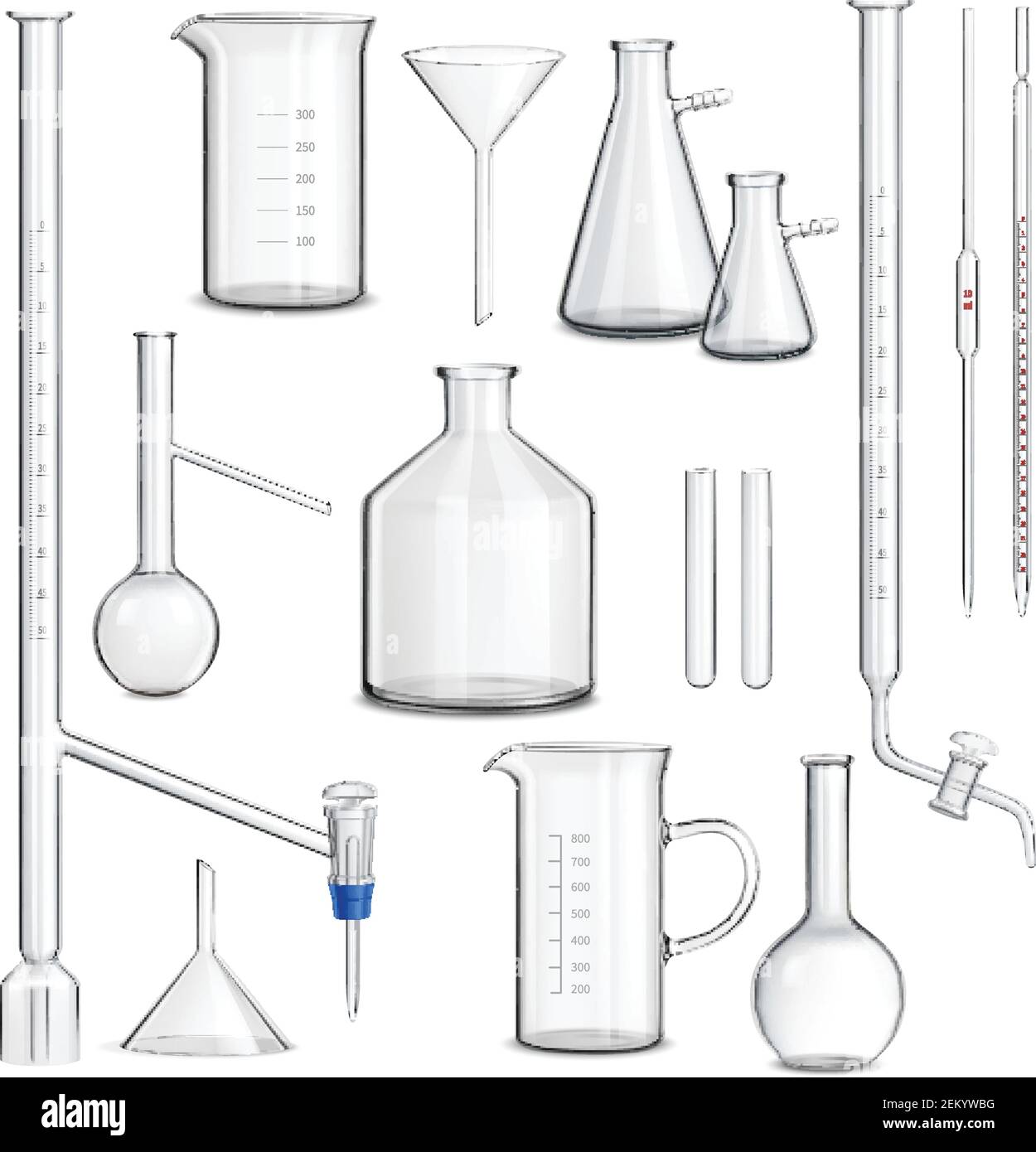 Laboratory glassware set with science tests symbols realistic isolated vector illustration Stock