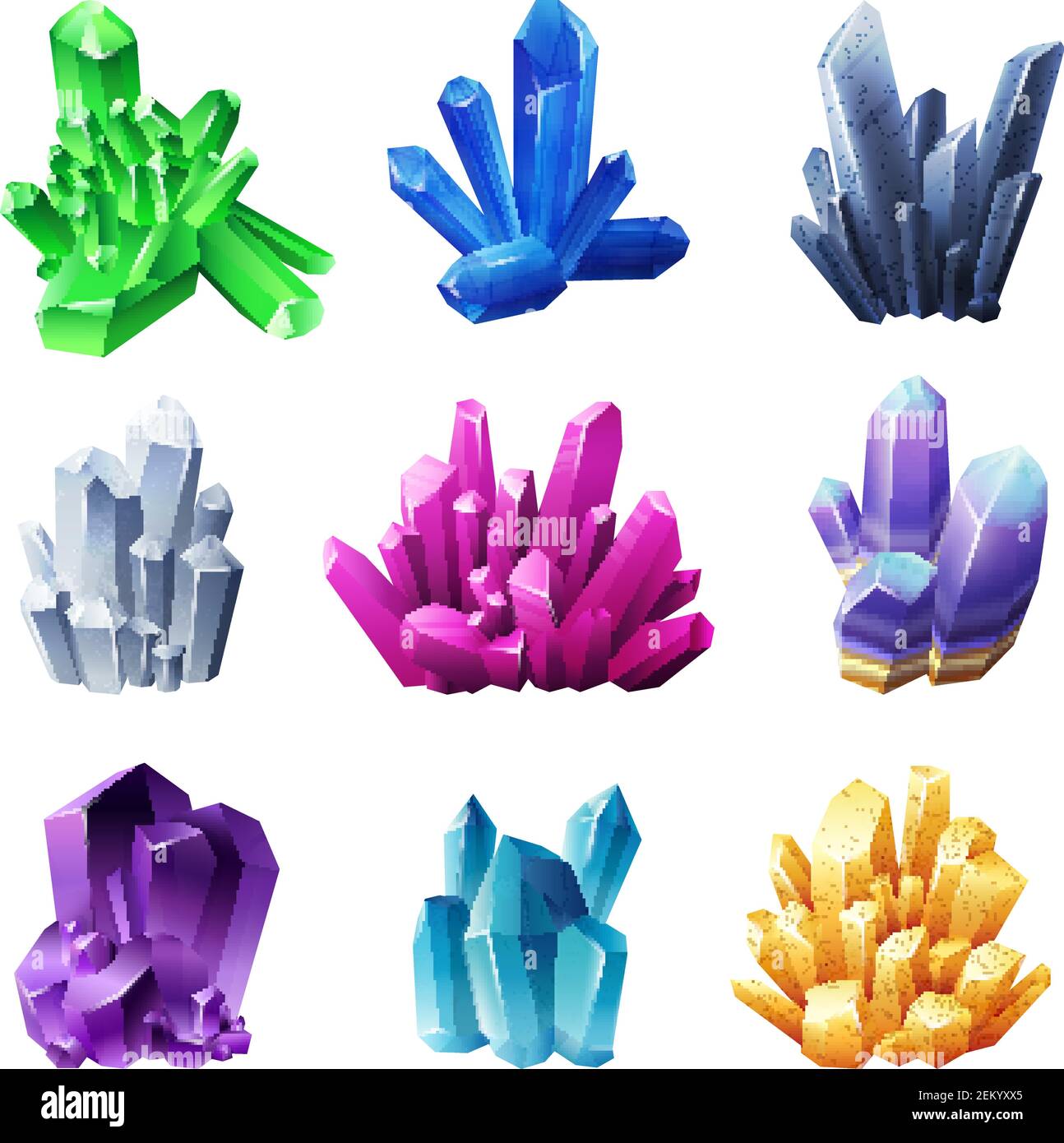Realistic crystal minerals set of different forms gold blue purple and