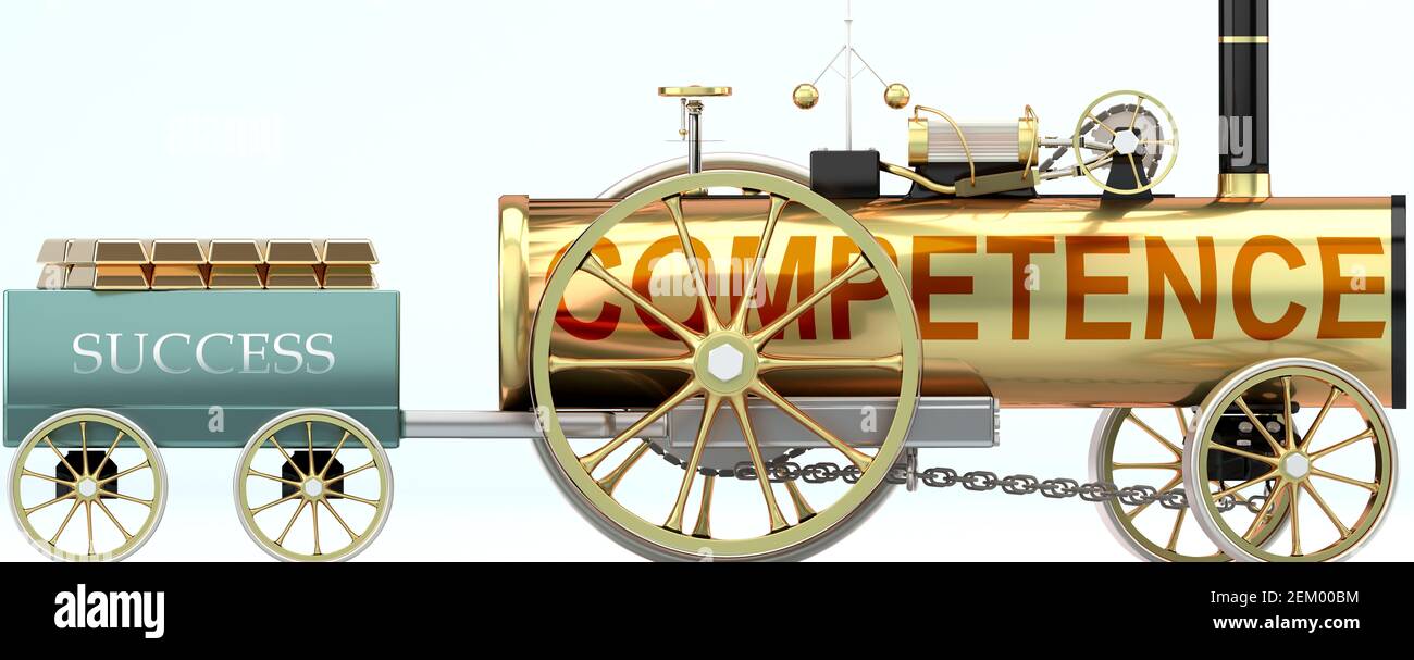 Competence and success - symbolized by a steam car pulling a success wagon loaded with gold bars to show that Competence is essential for prosperity a Stock Photo