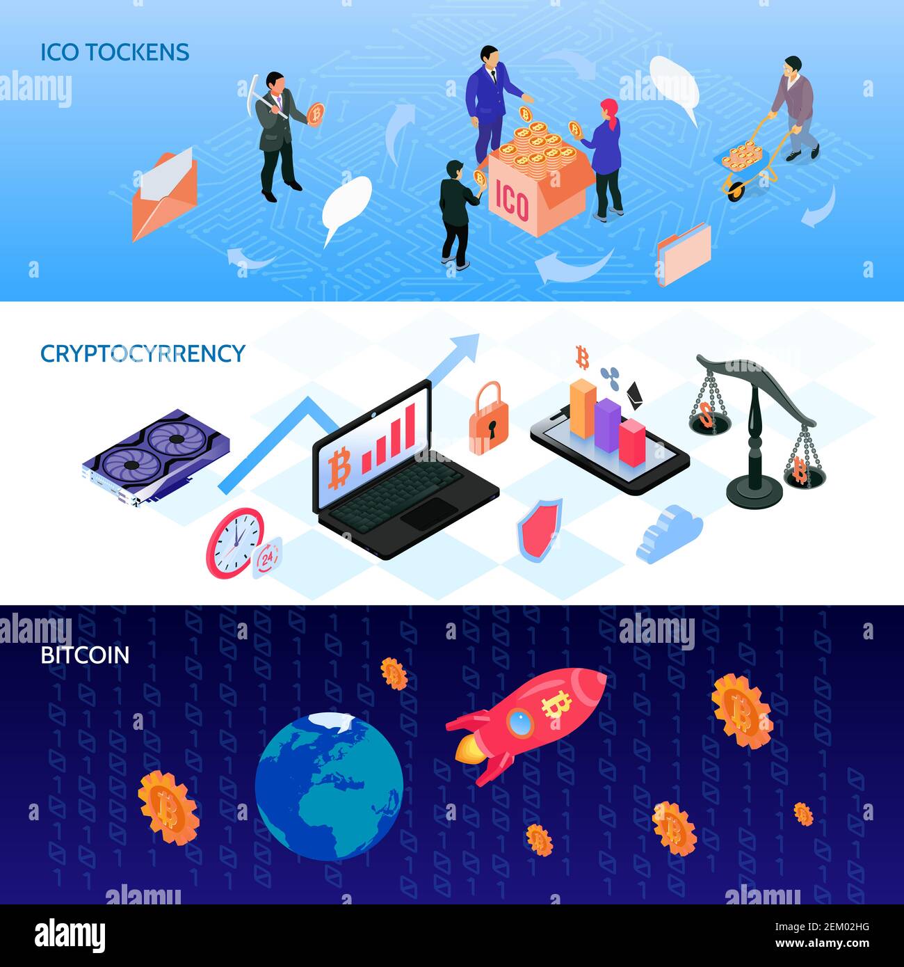 Set of isometric horizontal banners with ico tokens, crypto currency, bit coin start up isolated vector illustration Stock Vector