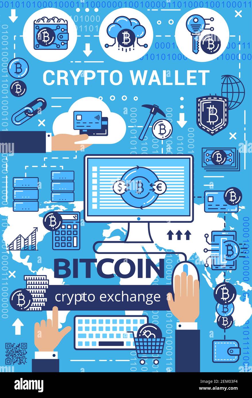 Crypto wallet, bitcoin cryptocurrency exchange outline icons. Vector  digital money mining and blockchain technology. Finance transactions and  operatio Stock Vector Image & Art - Alamy
