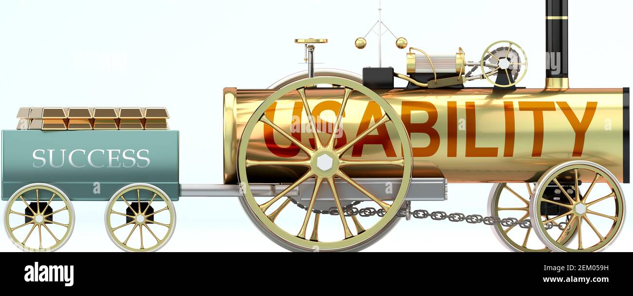 Usability and success - symbolized by a steam car pulling a success wagon loaded with gold bars to show that Usability is essential for prosperity and Stock Photo