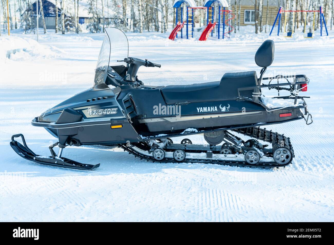 Moscow, Russia February 23, 2021: Snowmobile Yamaha, model Viking 540 model standing in the snow Stock Photo