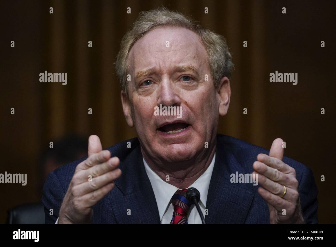 Microsoft President Brad Smith testifies during a Senate Intelligence Committee hearing on Capitol Hill on February 23, 2021 in Washington, DC, USA. The hearing focused on the 2020 cyberattack that resulted in a series of data breaches within several agencies and departments in the U.S. federal government. Photo by Drew Angerer/Pool/ABACAPRESS.COM Stock Photo