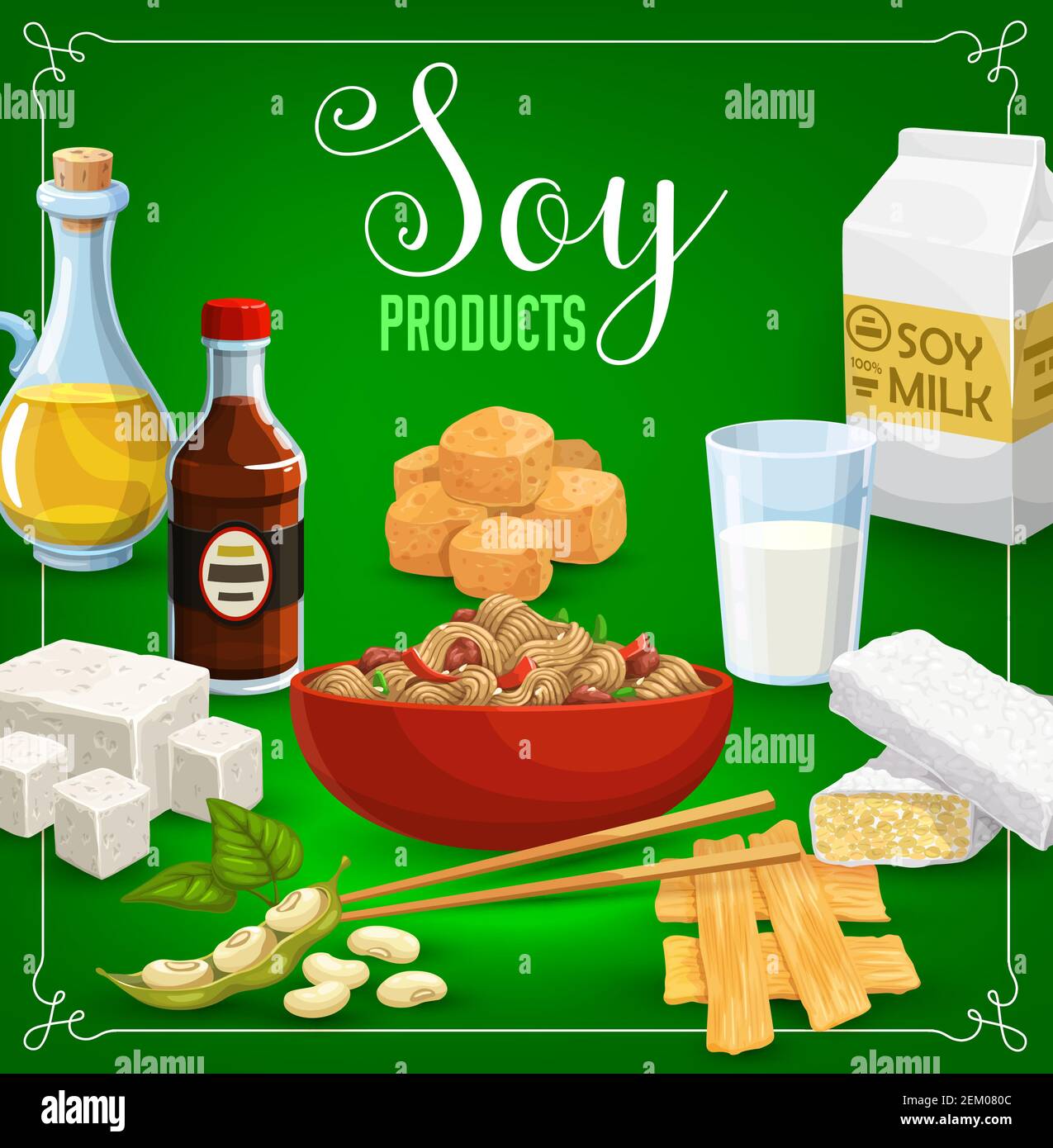 Soy products, beans and oil, sauce, milk and sweets. Vector tofu cheese