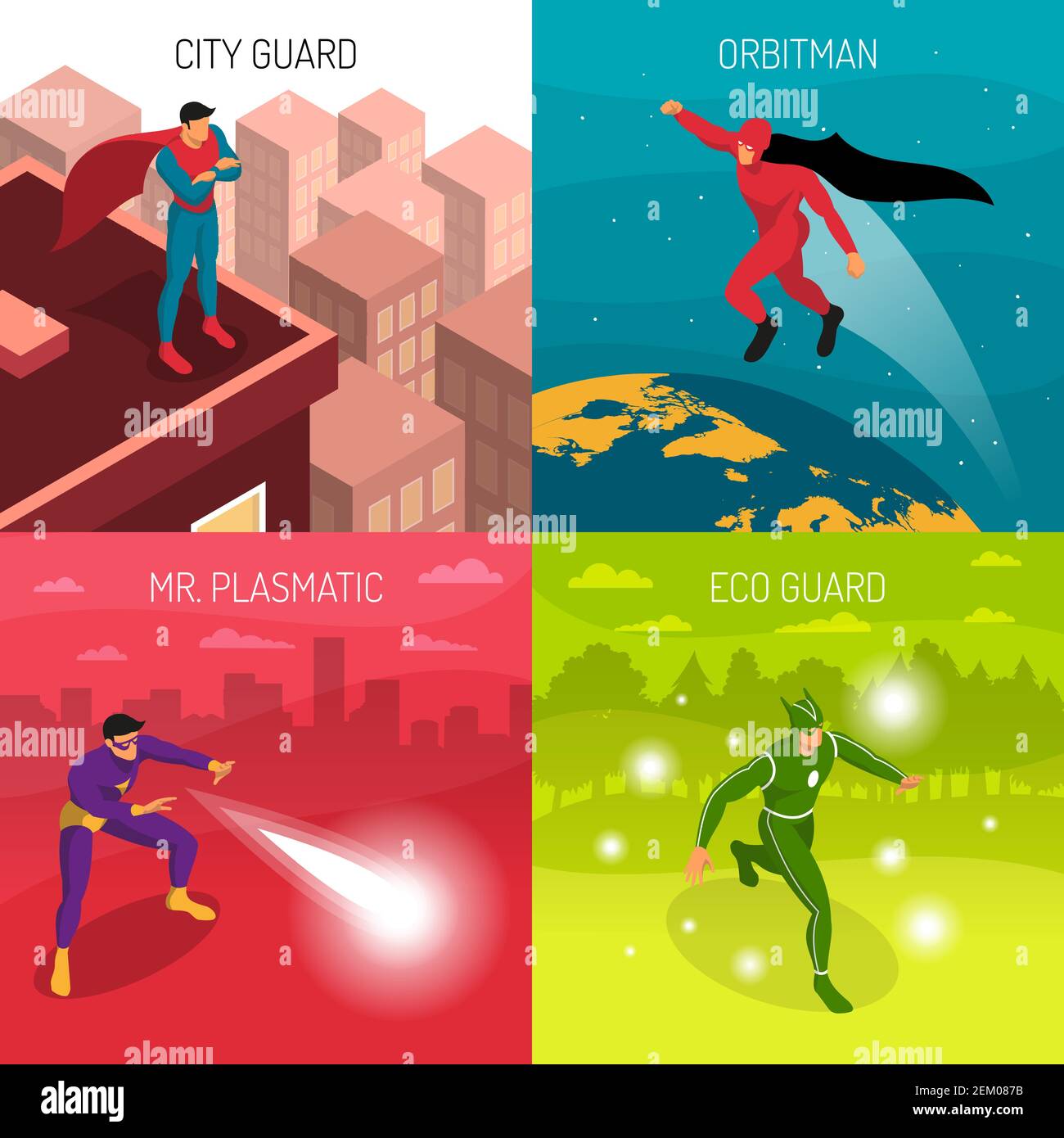 Color Superpowers Four superheroes with various powers isometric 2x2 design concept ...
