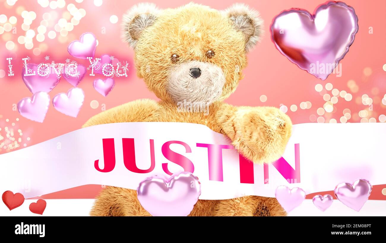 I love you Justin - cute and sweet teddy bear on a wedding, Valentine's or just to say I love you pink celebration card, joyful, happy party style wit Stock Photo