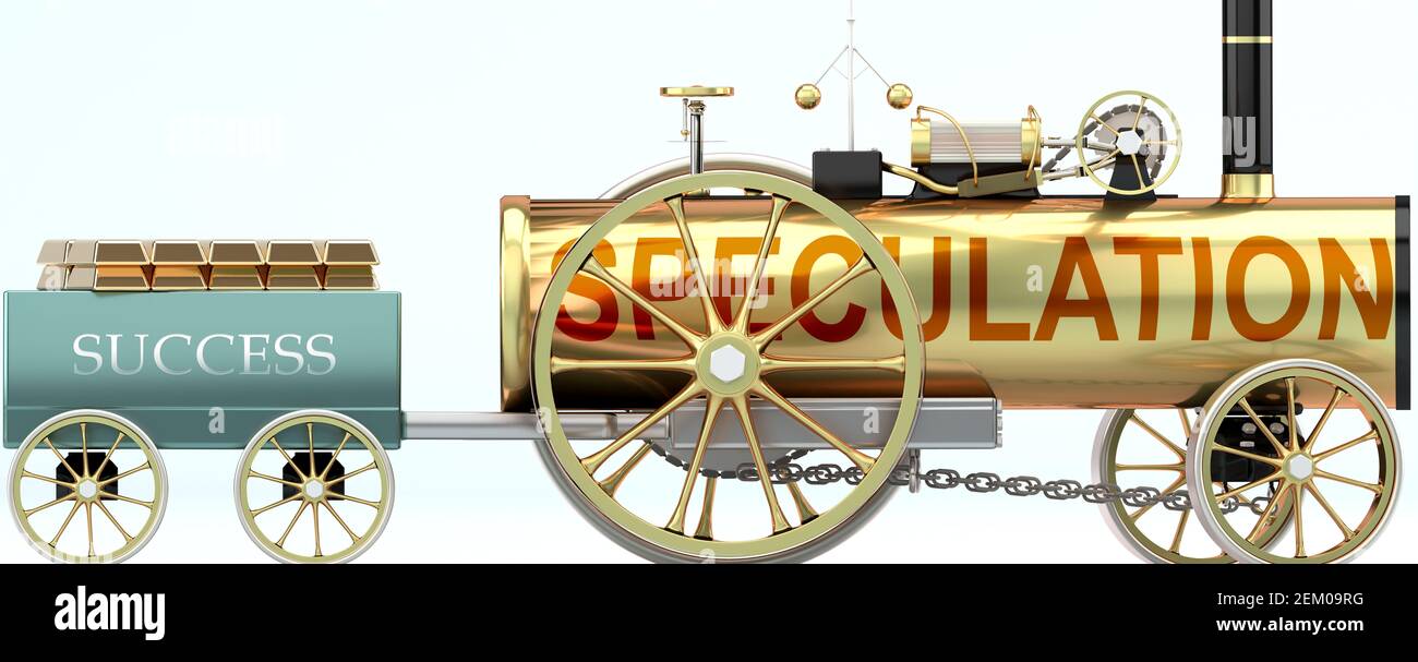 Speculation and success - symbolized by a steam car pulling a success wagon loaded with gold bars to show that Speculation is essential for prosperity Stock Photo