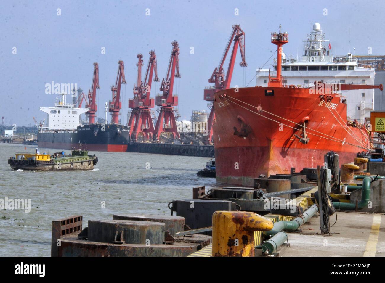 ZHANGJIAGANG, CHINA - NOVEMBER 13, 2020 - Containers, chemical ships and  general cargo ships shuttle back and forth in Zhangjiagang City, Jiangsu  Province, On November 13, 2020. Zhangjiagang port cargo throughput ranked