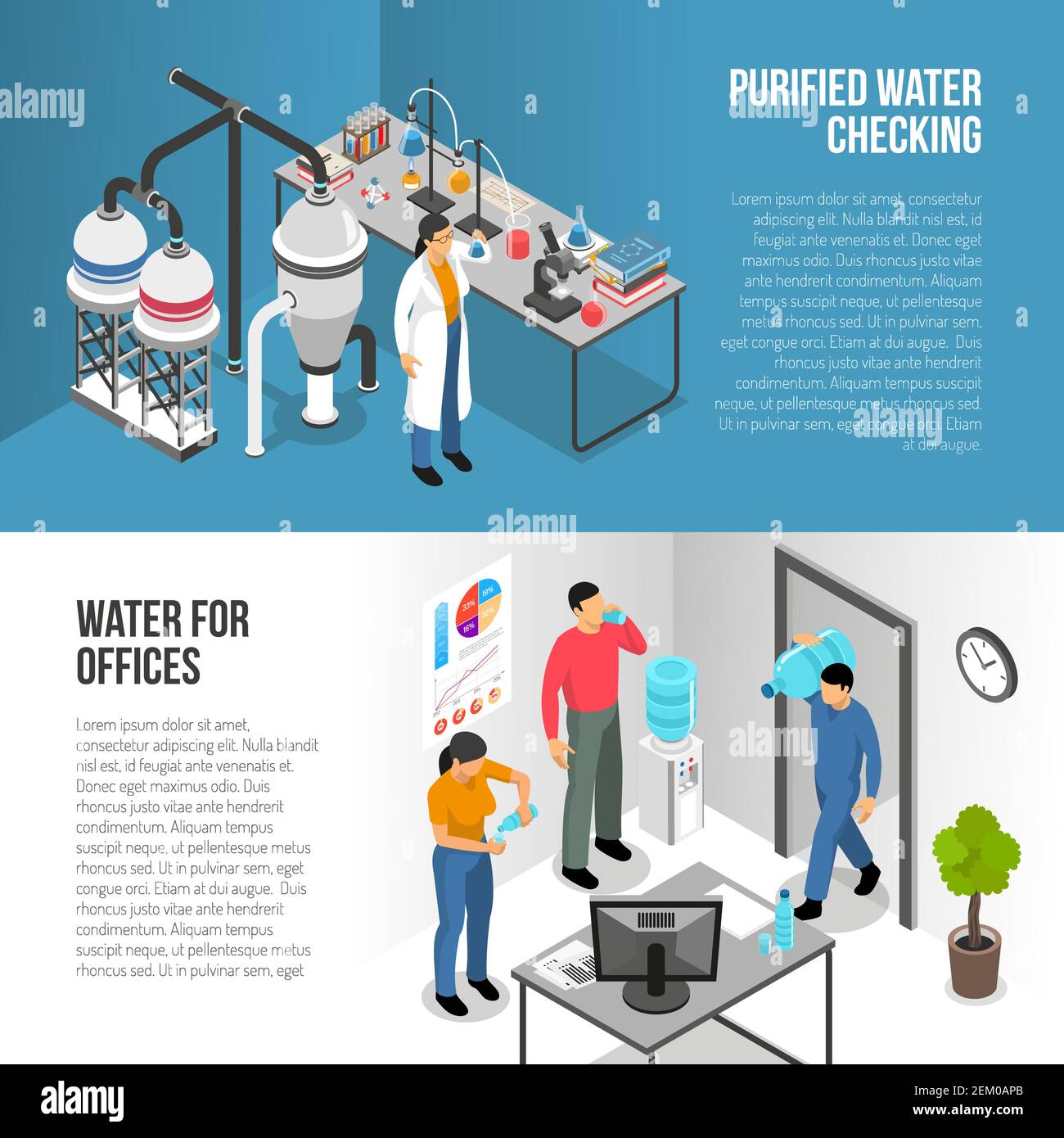 Isometric horizontal banners set with water purification process and ...