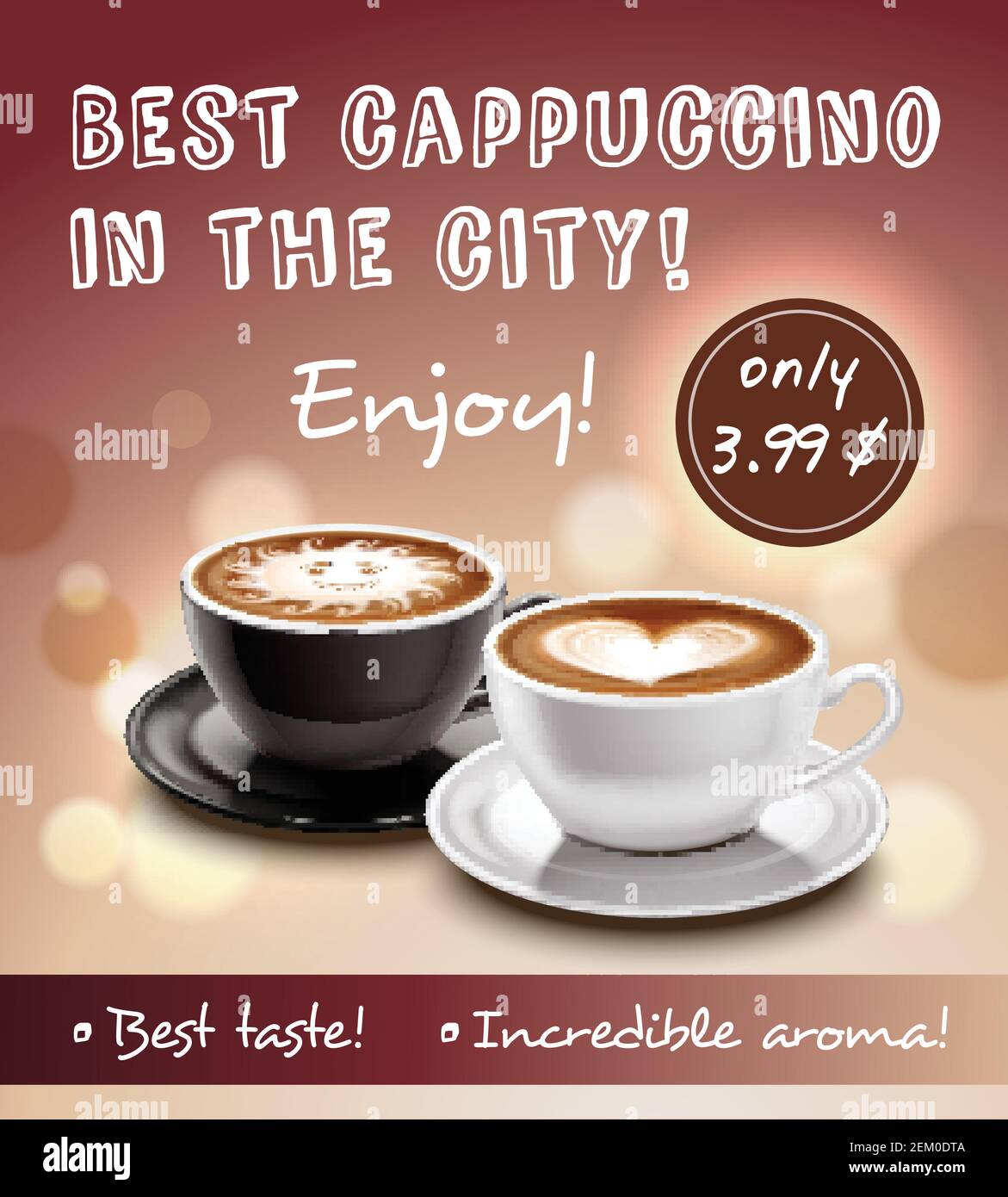 Coffee advertisement art poster with offer of best cappuccino in city at lowest price realistic vector illustration Stock Vector