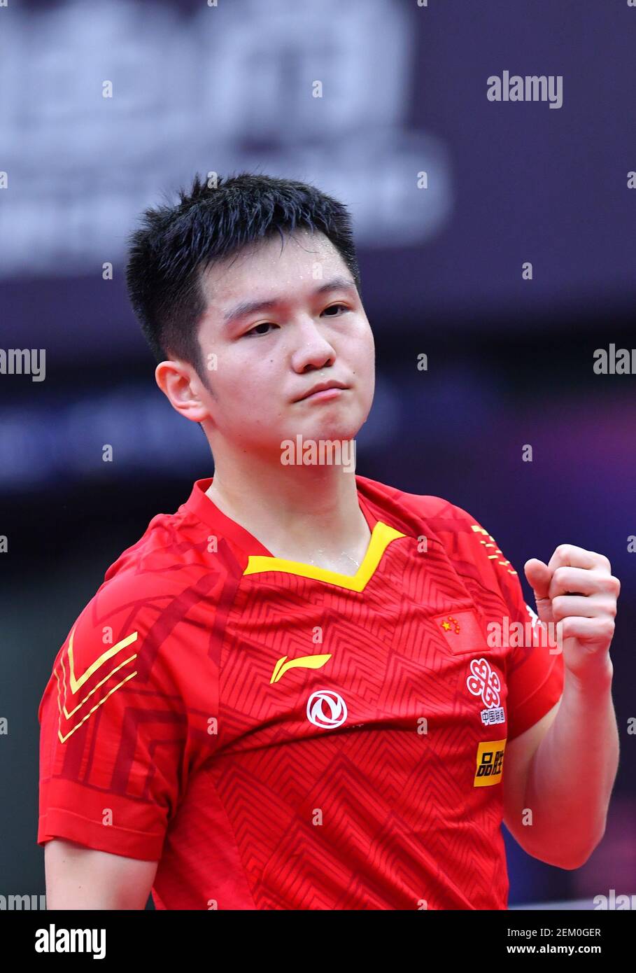 Chinese table tennis player Fan Zhendong plays against South Korean