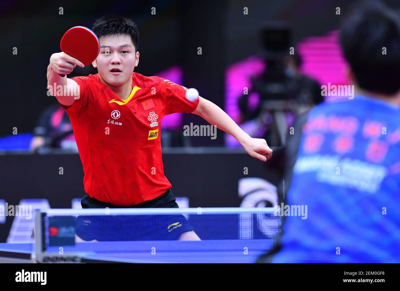 Chinese table tennis player Fan Zhendong plays against South Korean