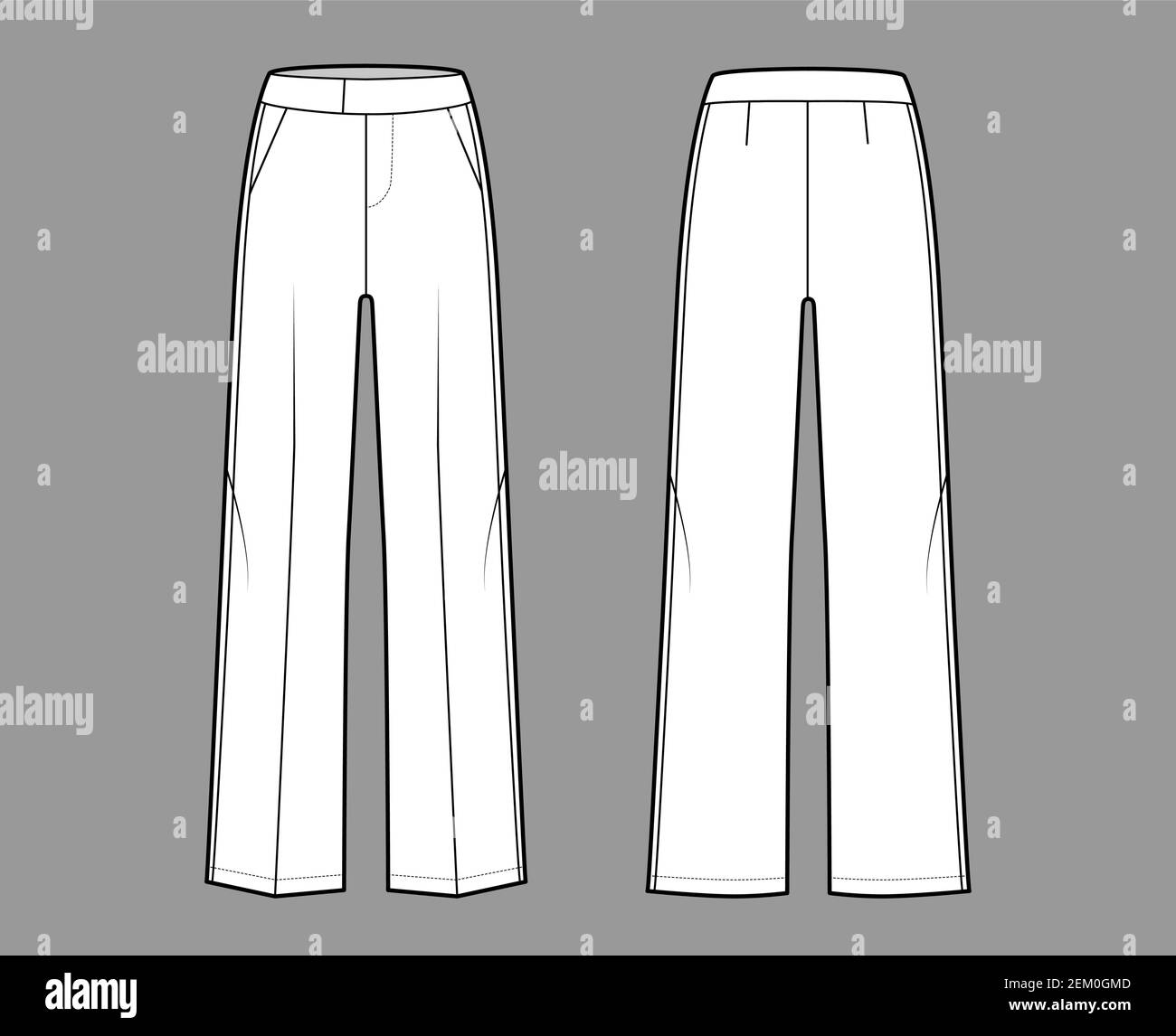 Pants tuxedo technical fashion illustration with extended low waist, rise, full length, slant pockets, side satin stripe. Flat trousers bottom template back, white color. Women, men, unisex CAD mockup Stock Vector