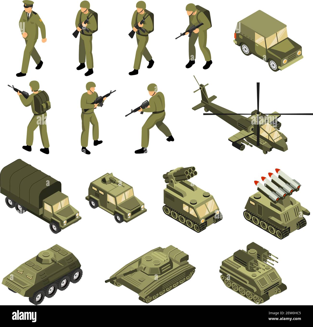 Military vehicles soldiers commanders set of isolated tactical