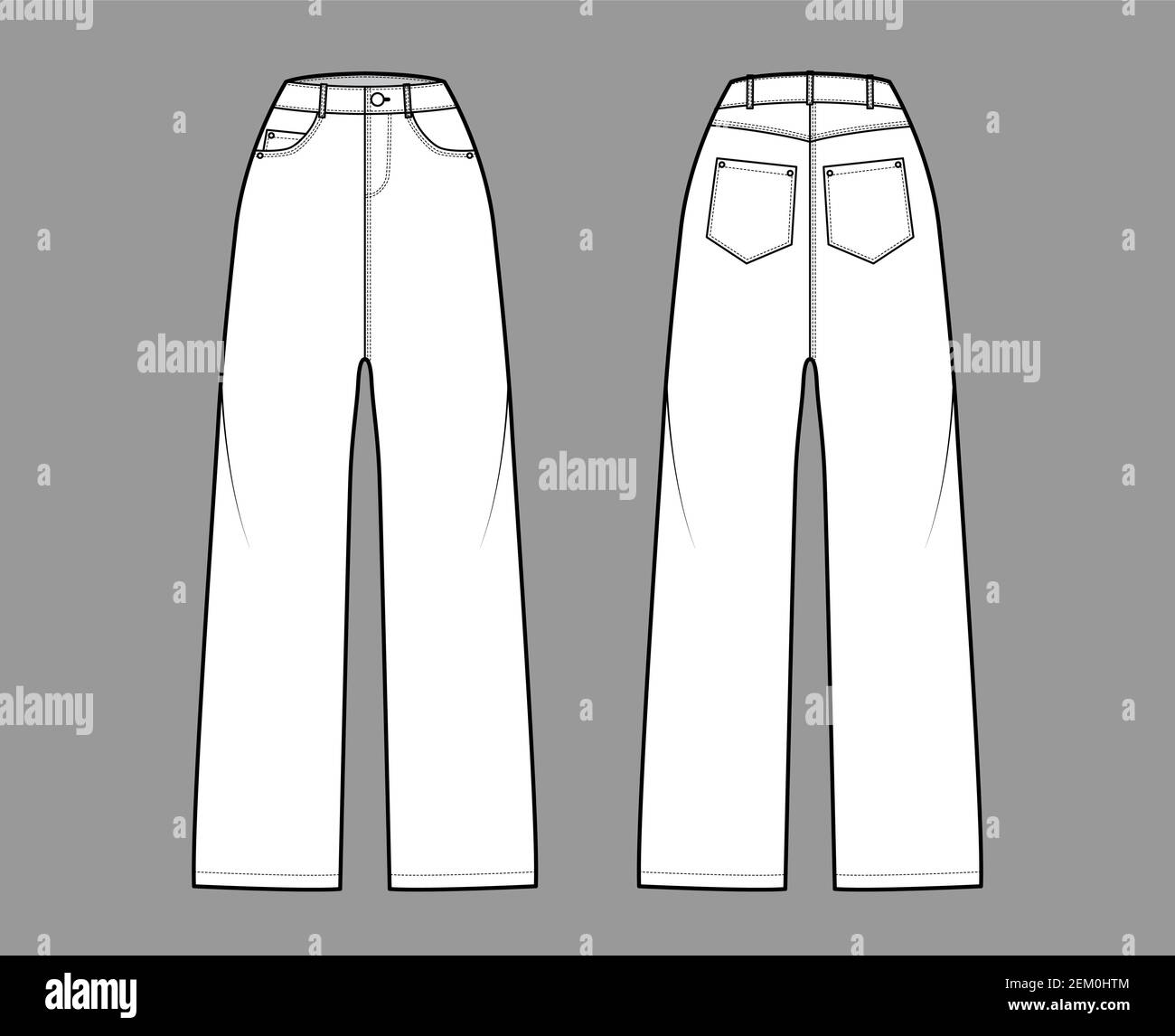 Baggy Jeans Denim pants technical fashion illustration with full length,  normal waist, high rise, 5 pockets,