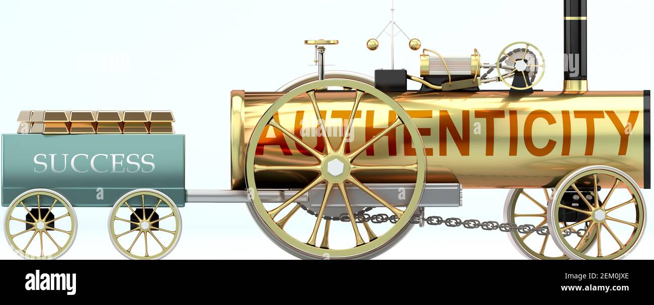 Authenticity and success - symbolized by a steam car pulling a success wagon loaded with gold bars to show that Authenticity is essential for prosperi Stock Photo