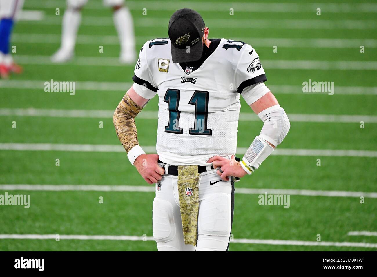 Nov 15, 2020; East Rutherford, New Jersey, USA; Philadelphia Eagles  quarterback Carson Wentz (11) reacts after a play during the second half at  MetLife Stadium. Mandatory Credit: Robert Deutsch-USA TODAY Sports/Sipa USA