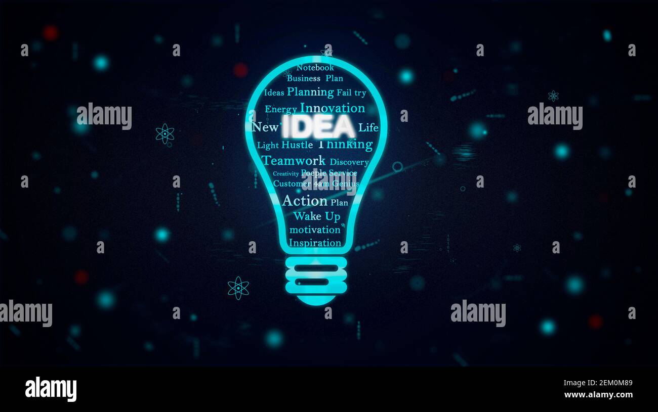 knowledge connectivity creative light bulb idea concept, conceptual ideas illustration with light-bulb innovation and creativity, business words Stock Photo