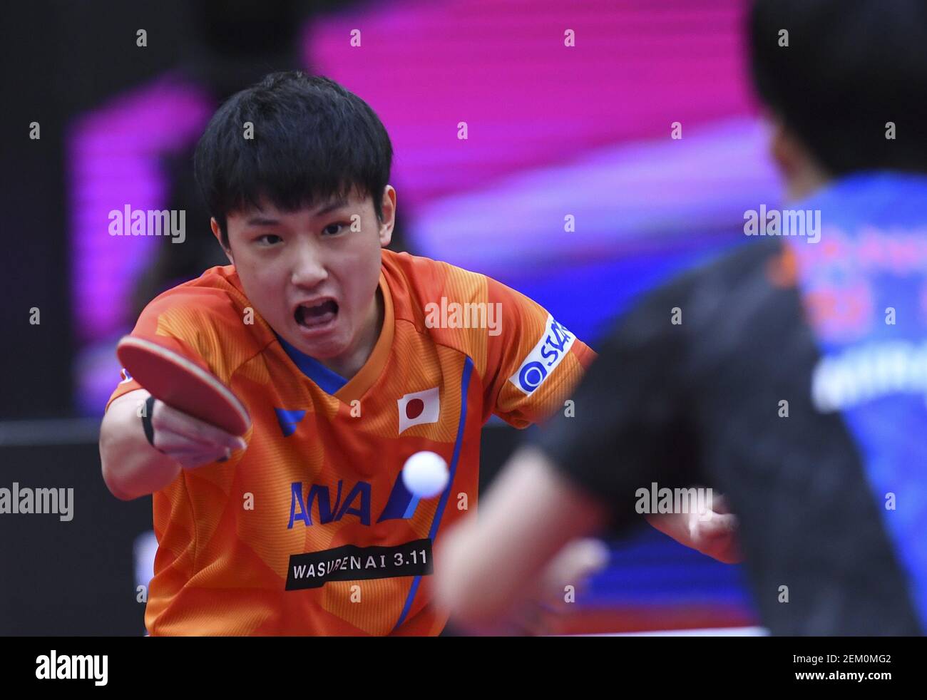 Japanese table tennis player Tomokazu Harimoto plays against South