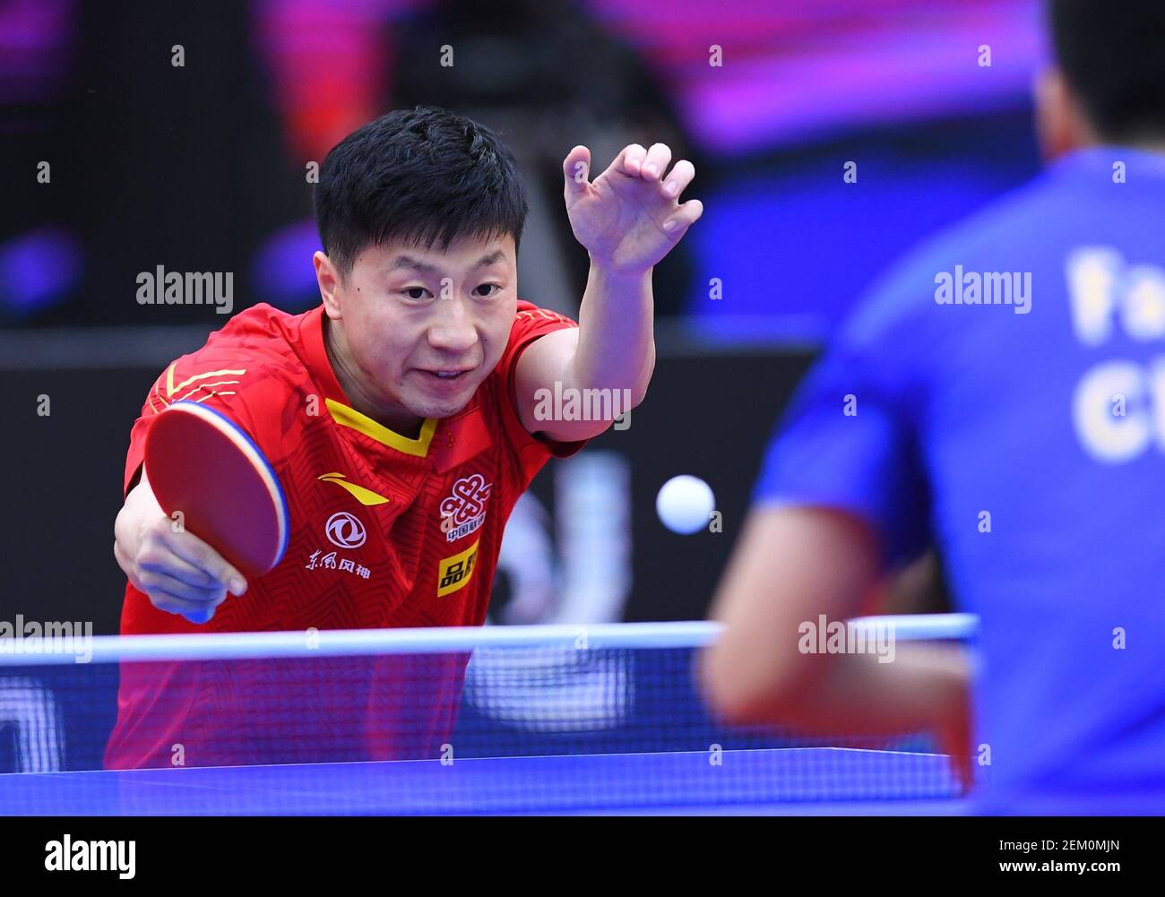 Chinese table tennis player Fan Zhendong plays against Chinese table