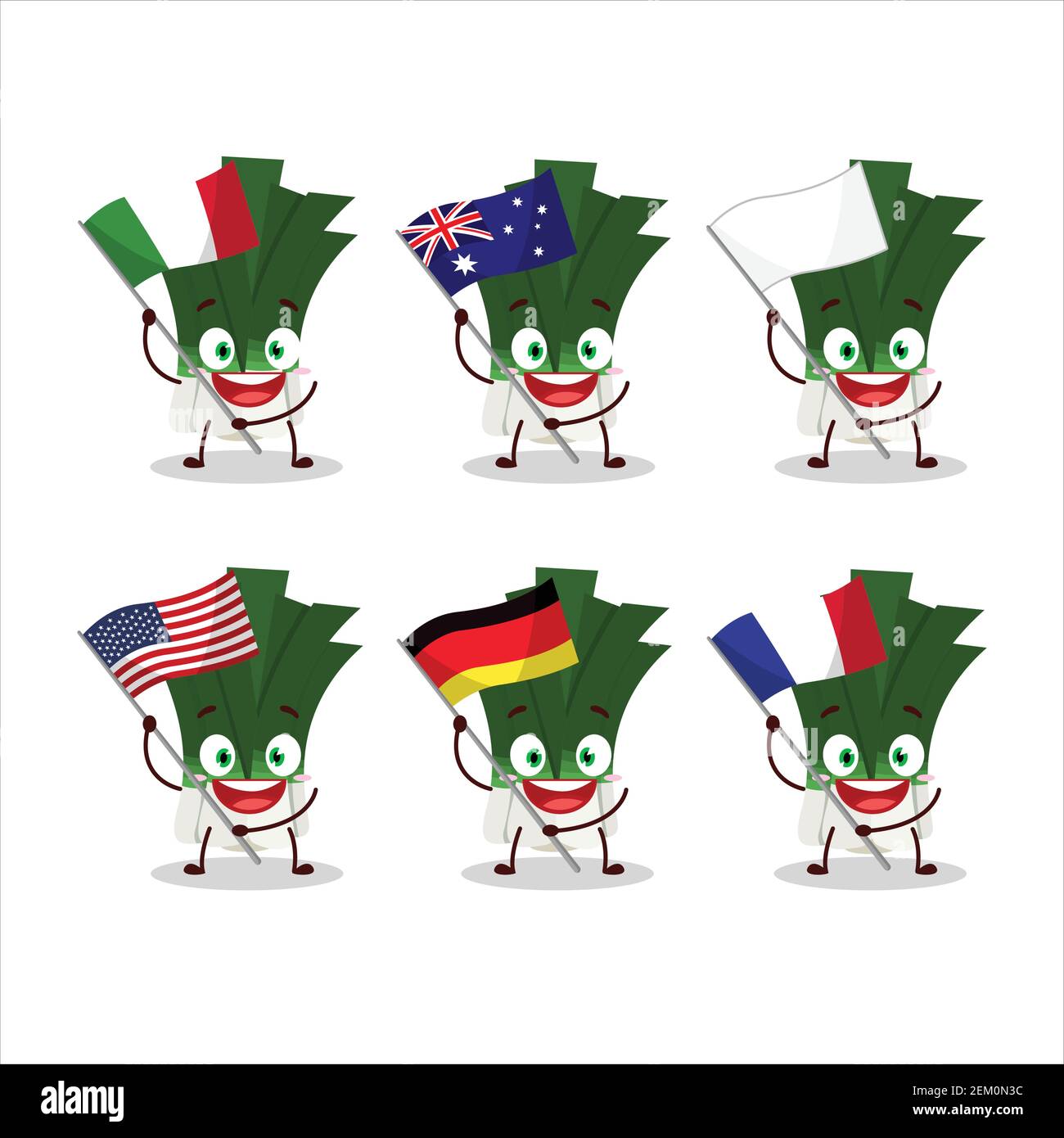 Leek cartoon character bring the flags of various countries. Vector illustration Stock Vector