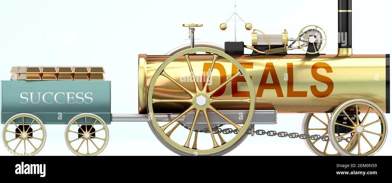 Deals and success - symbolized by a retro steam car with word Deals pulling a success wagon loaded with gold bars to show that Deals is essential for Stock Photo