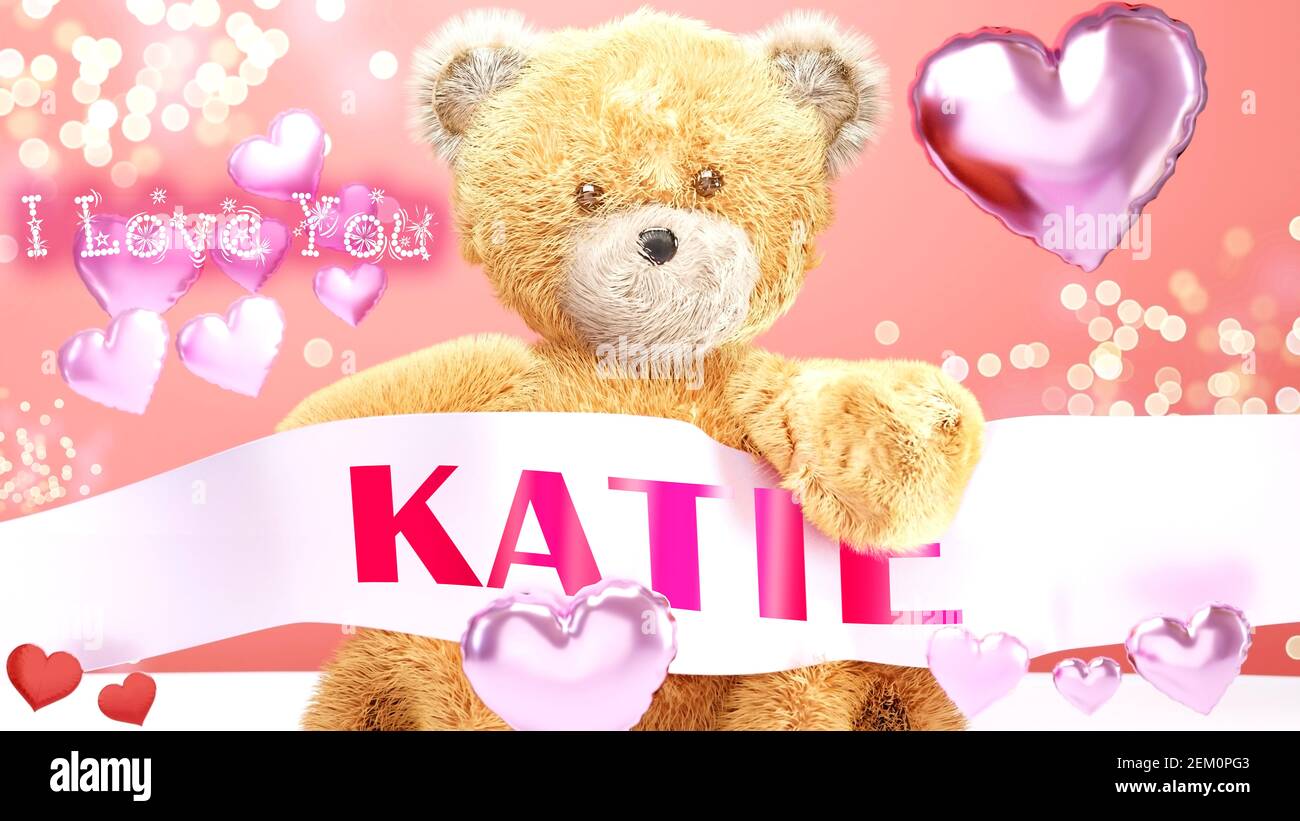 I love you Katie - cute and sweet teddy bear on a wedding, Valentine's or just to say I love you pink celebration card, joyful, happy party style with Stock Photo