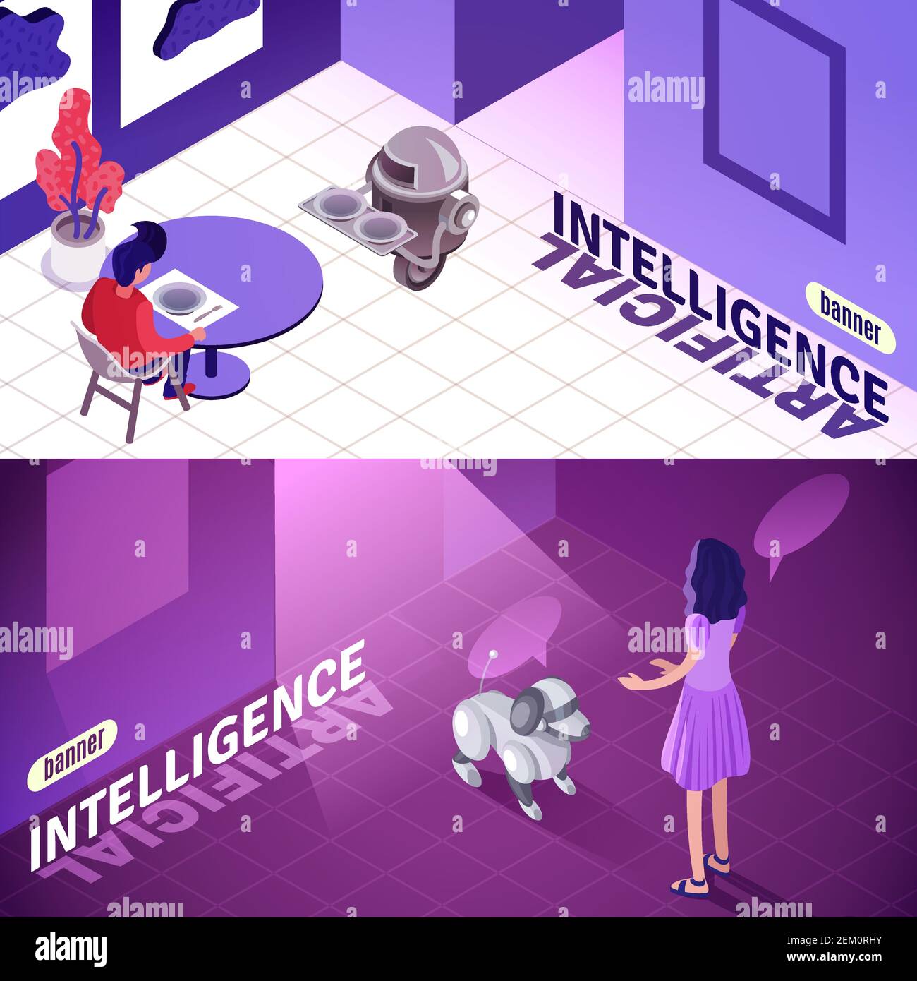 Artificial intelligence isometric horizontal banners with machine ...