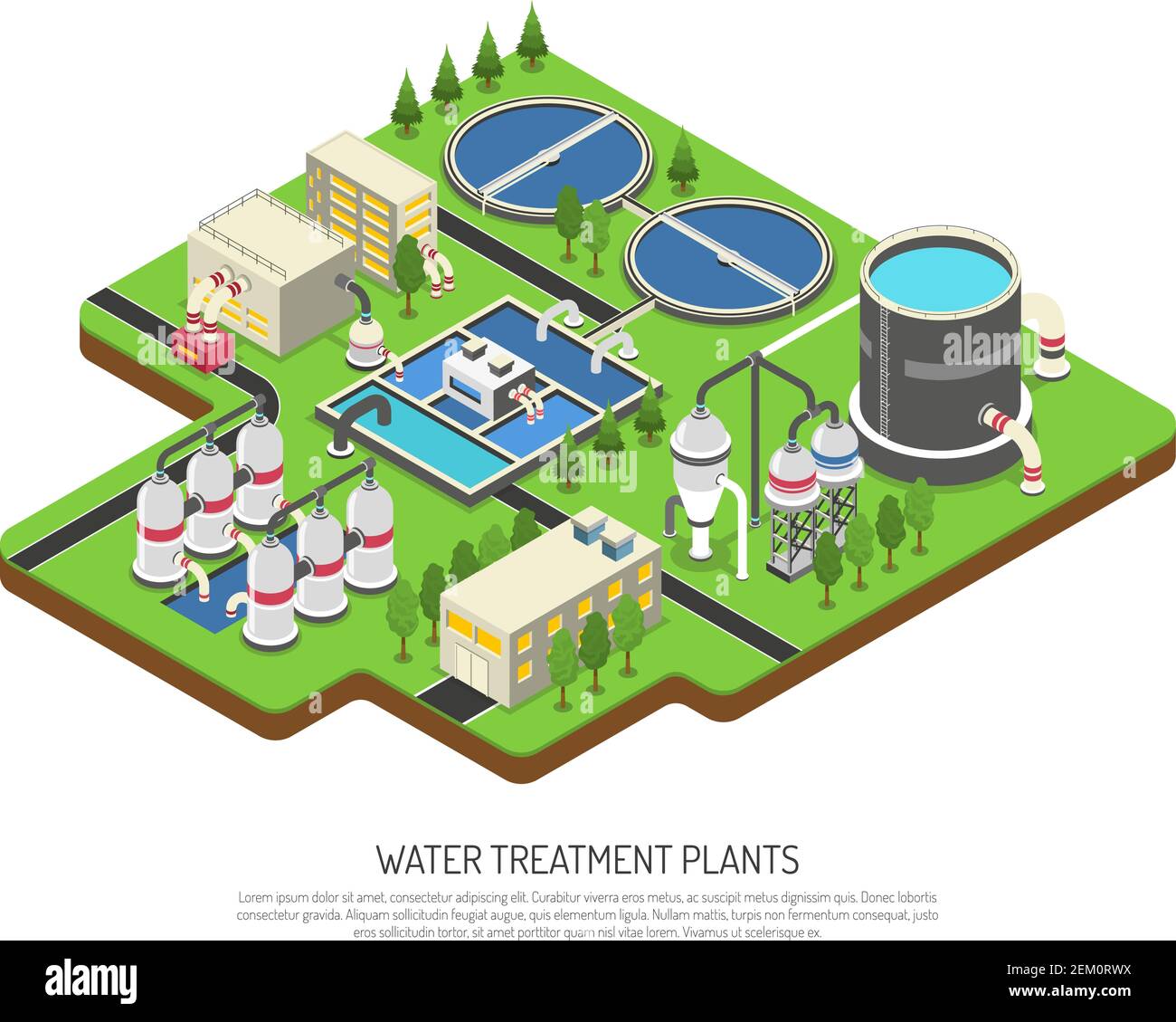 Water treatment plants isometric vector illustration with storage tank