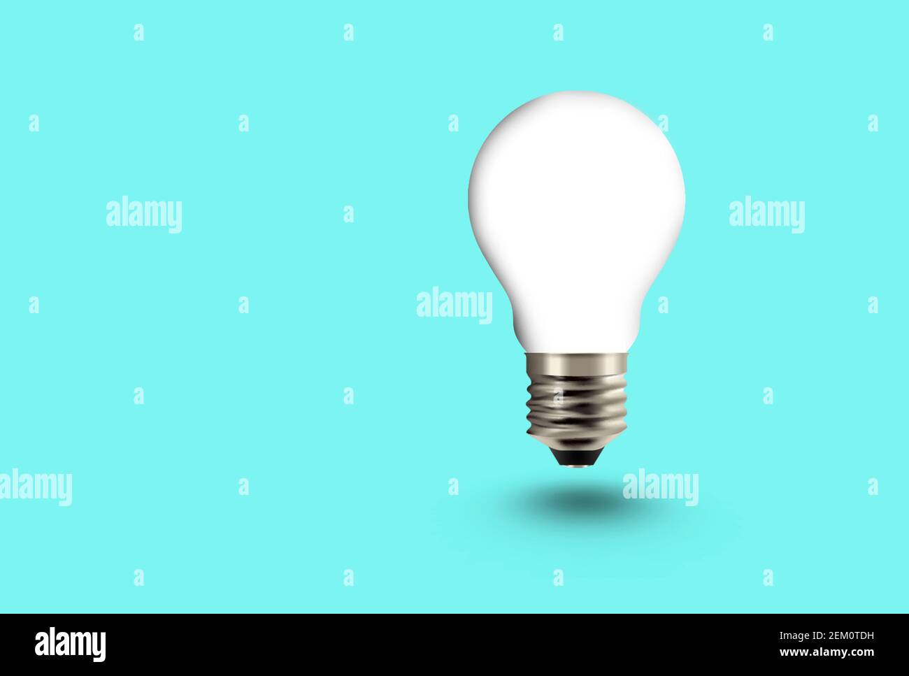 white light bulb in bright blue background. three-dimensional Light-bulb standing vertically with shadow, 3d presentation, front view, bulb idea Stock Photo