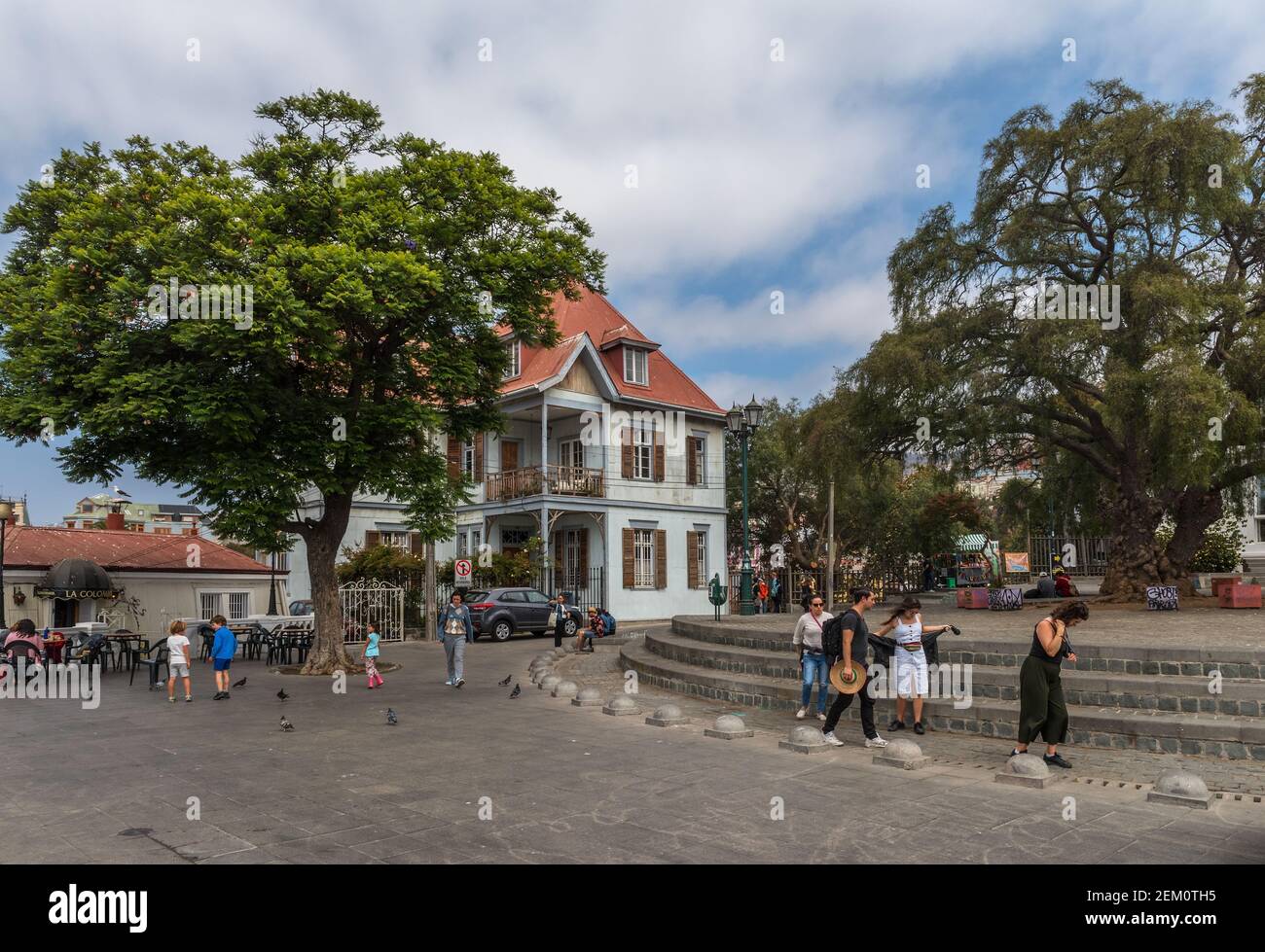 unidentified people walk on the Paseo Yugoslavo at Cerro Concepcion, Valparaiso, Chile Stock Photo