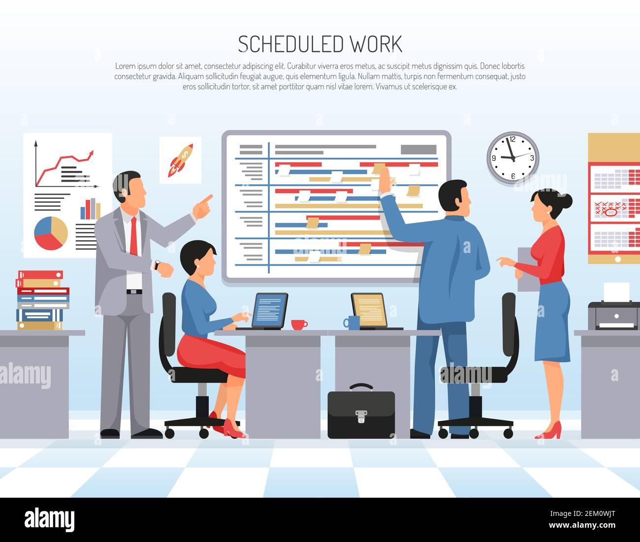 Colleagues schedule and planning work at office flat vector ...